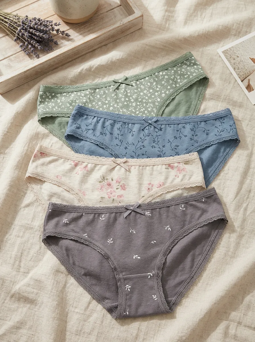 Women's Lace Trim Printed Floral 4-Pack Panty Set