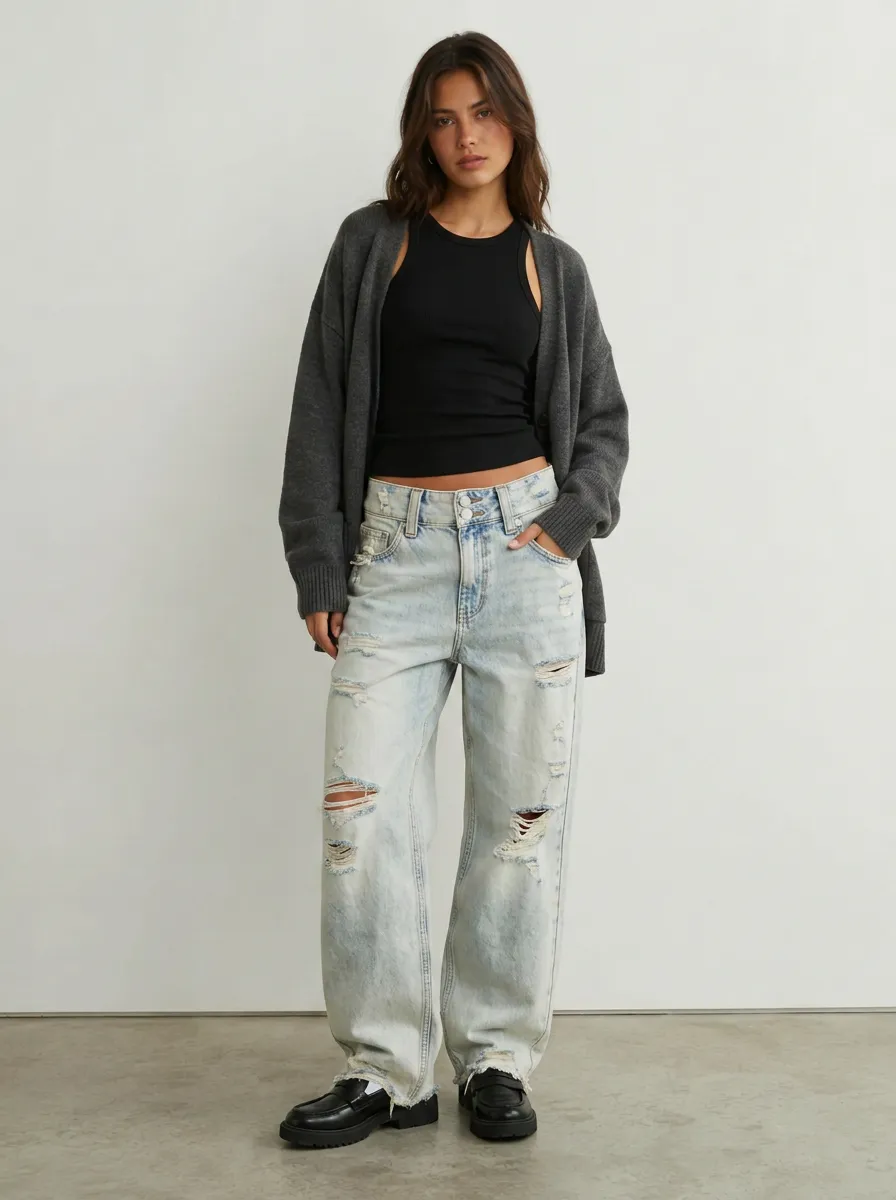 Women's Casual Fashion Light Wash Distressed Wide Leg Jeans