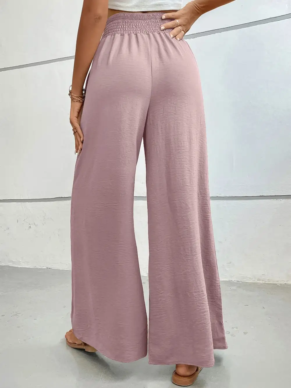 Wide Leg High Waist Cropped Smocked Waist Pants