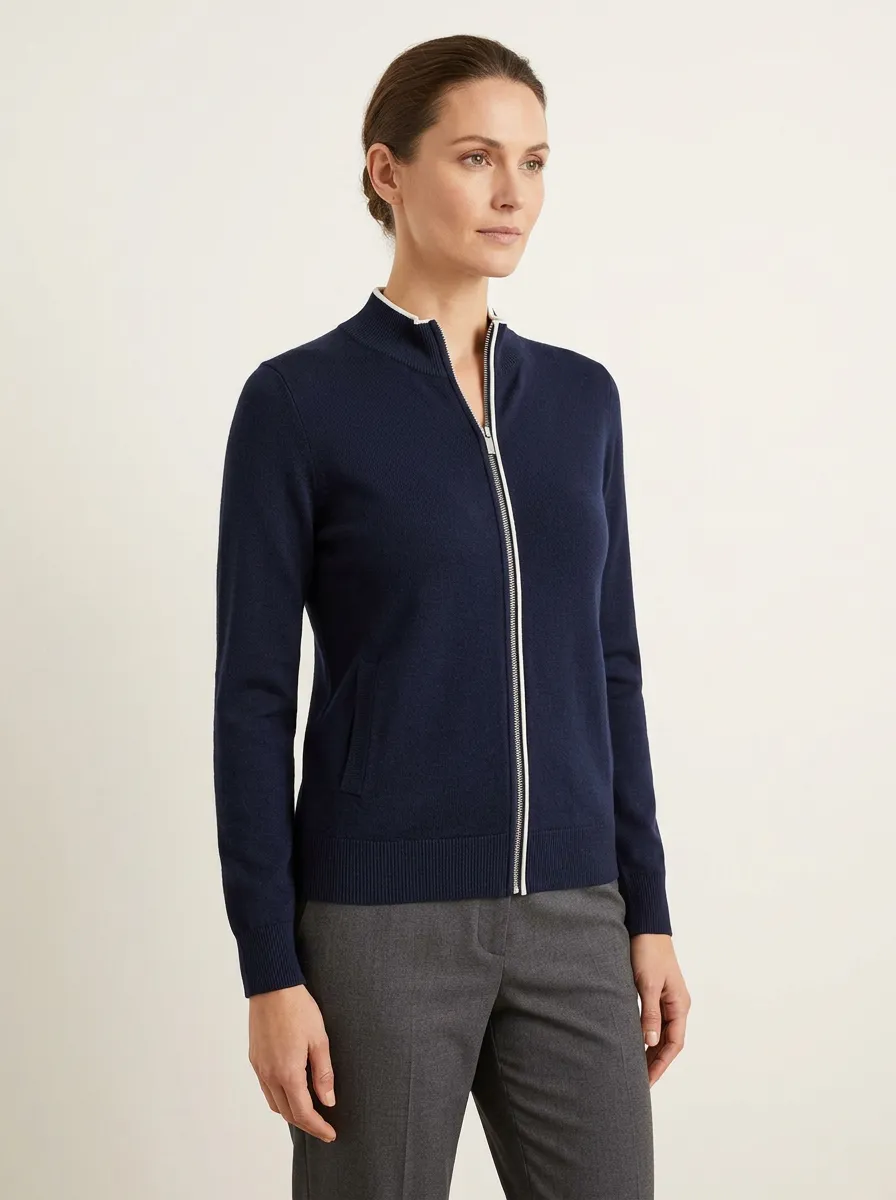 Women's Contrast Trim Zip-Up Knit Jacket