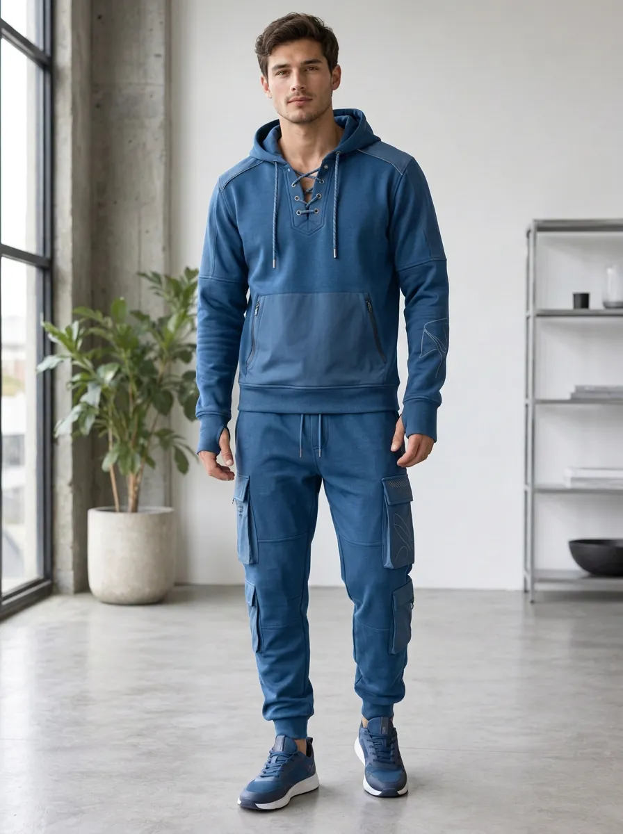 Urban Lace-Up Multi Pocket Look Men's Lace Up Hoodie And Cargo Jogger Set