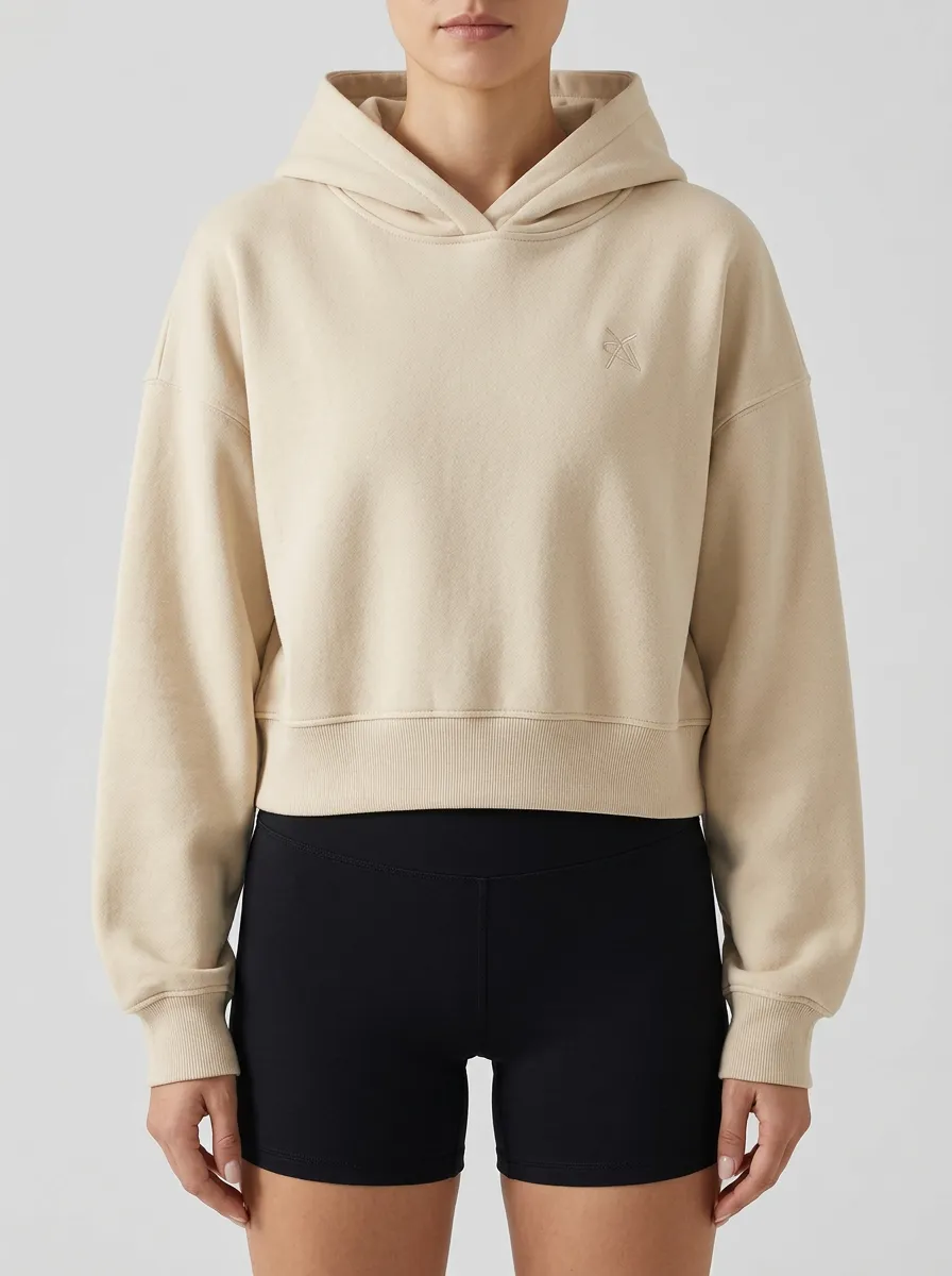 Women's Minimalist A1 Logo Embroidered Beige Cropped Hoodie