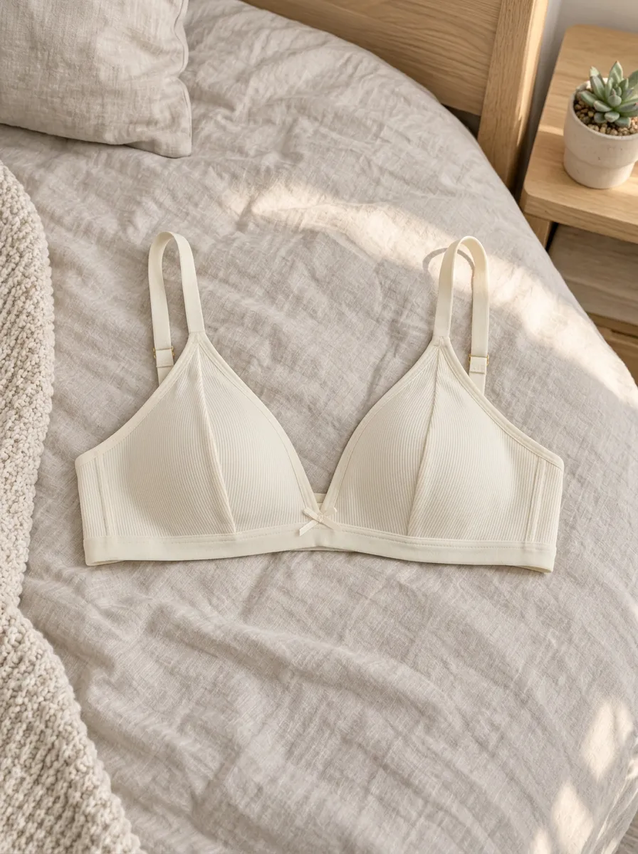 Women's Minimalist Ribbed Cream Bowknot Detail Bralette