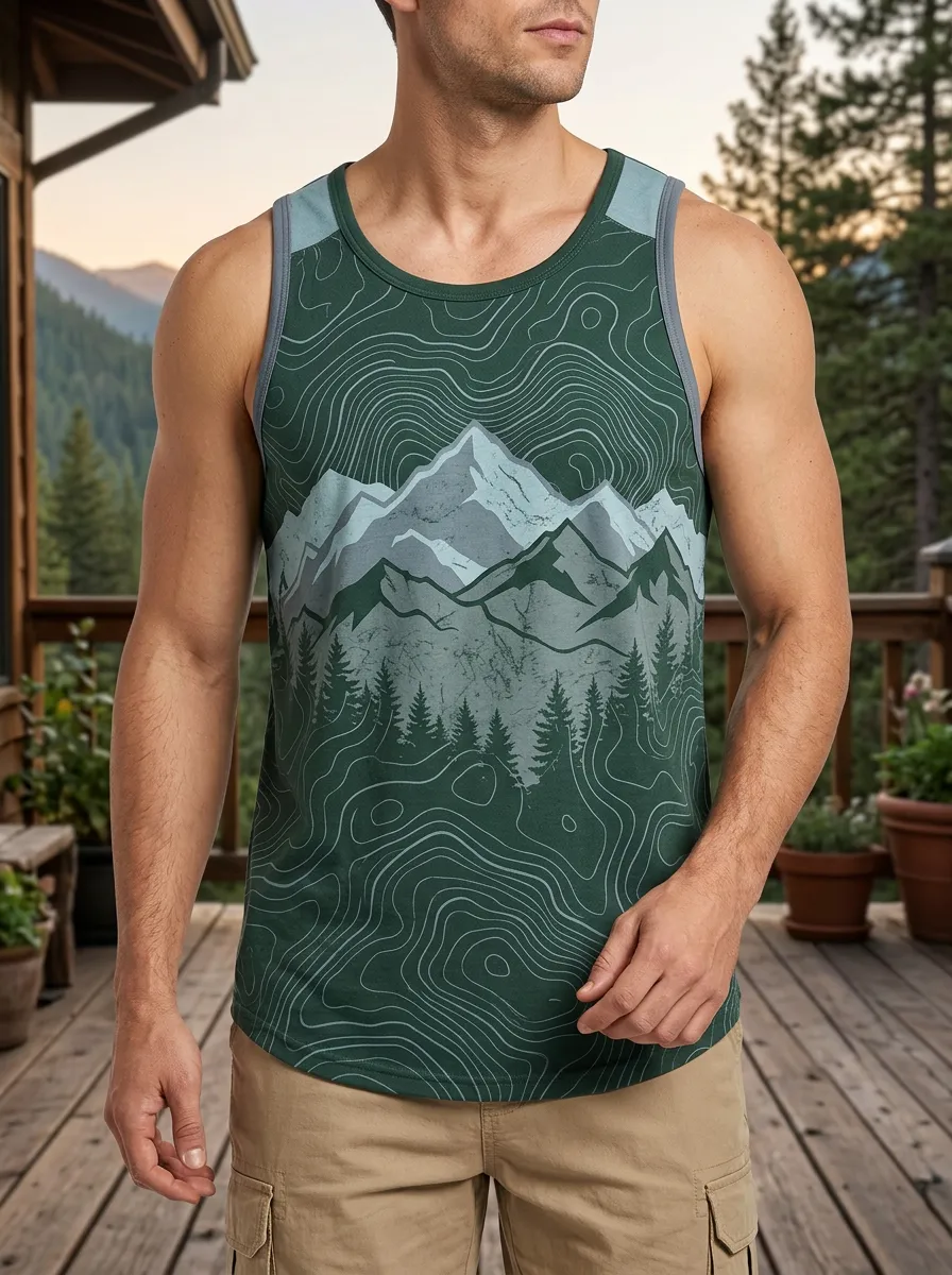 Men's Outdoor Hiking Mountain Topographic Crew Neck Tank Top