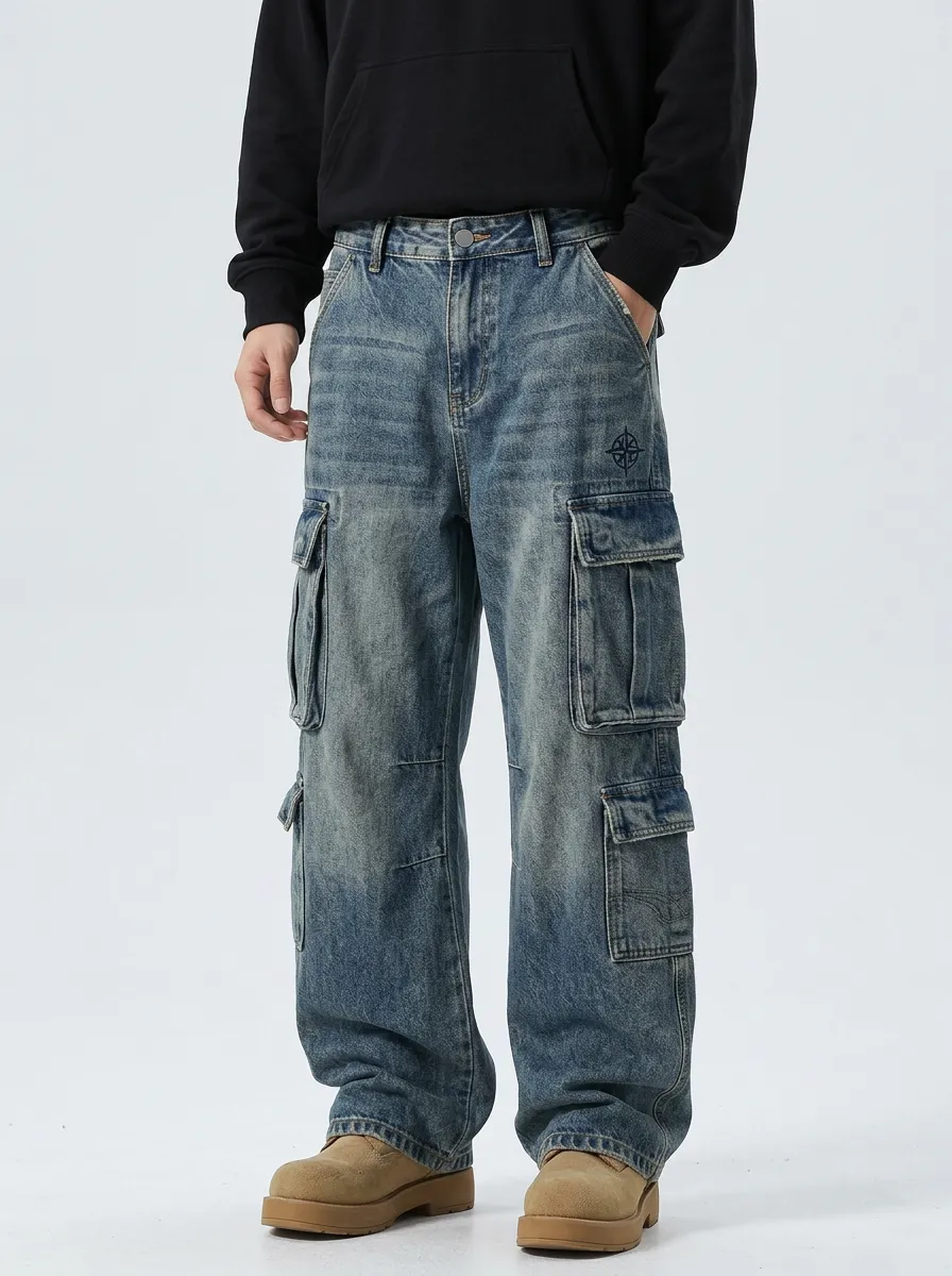 Men's Vintage Compass Embroidered Washed Denim Cargo Jeans