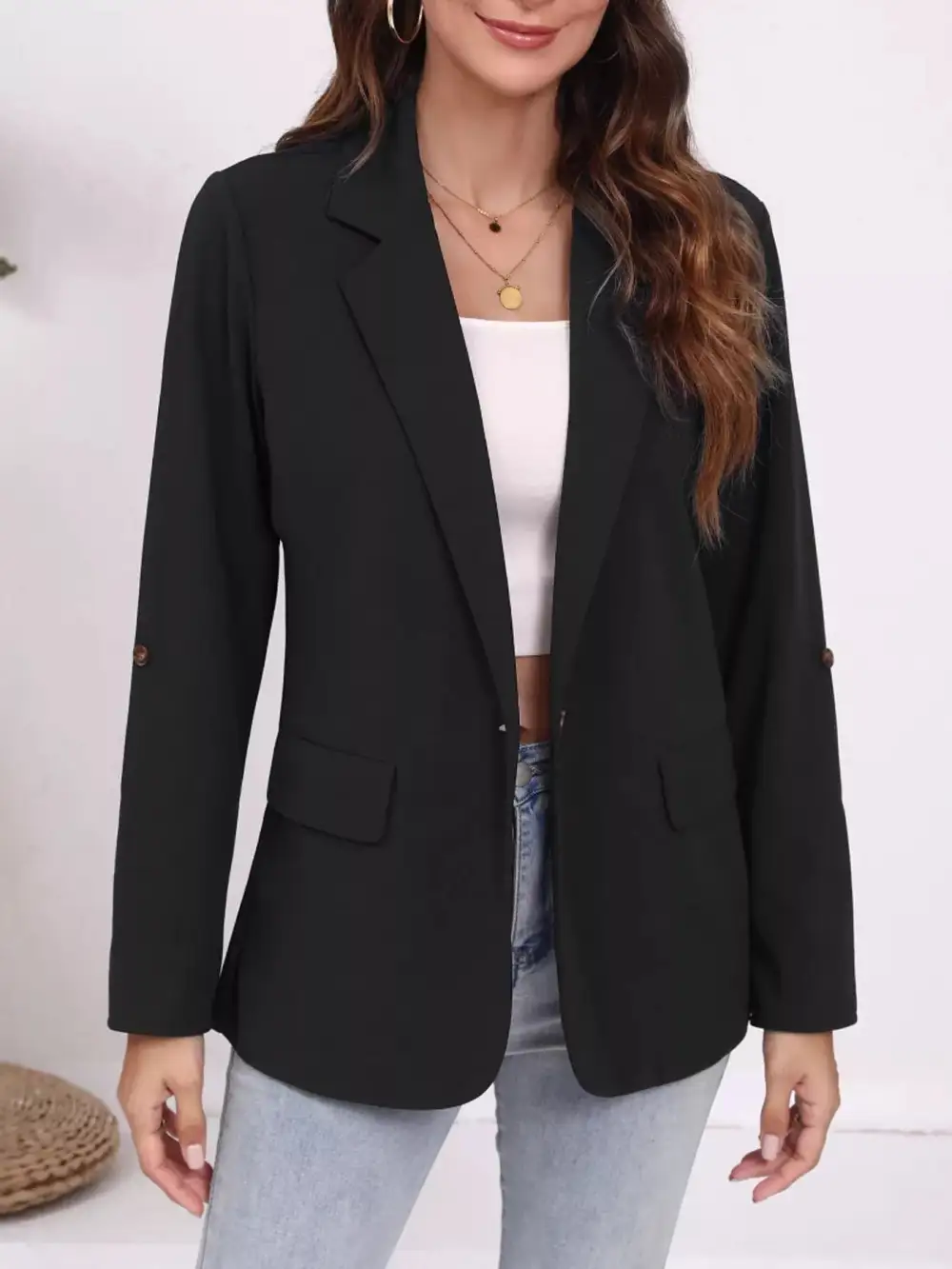 Lapel-Collar Roll-Up-Sleeve Blazer