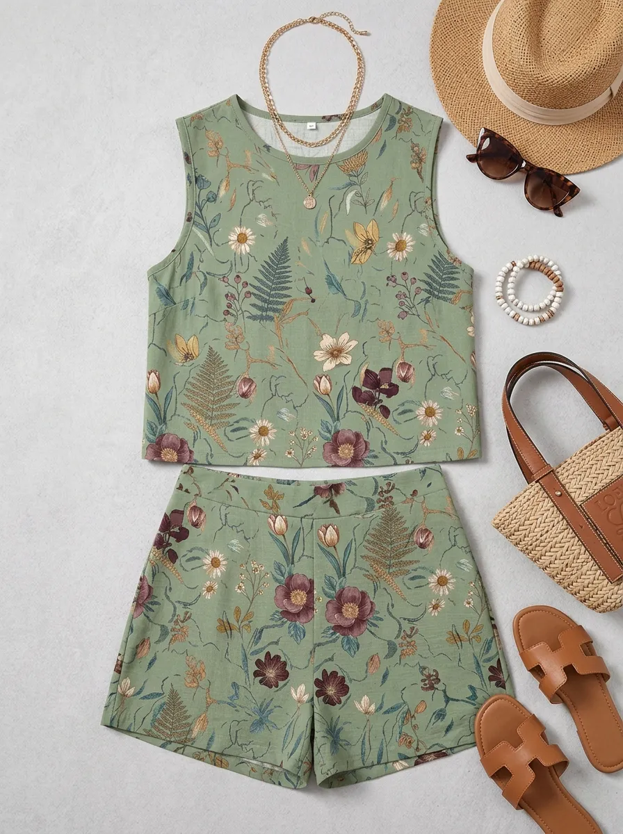 Women's Botanical Garden Floral Fern Printed Sleeveless Short Set
