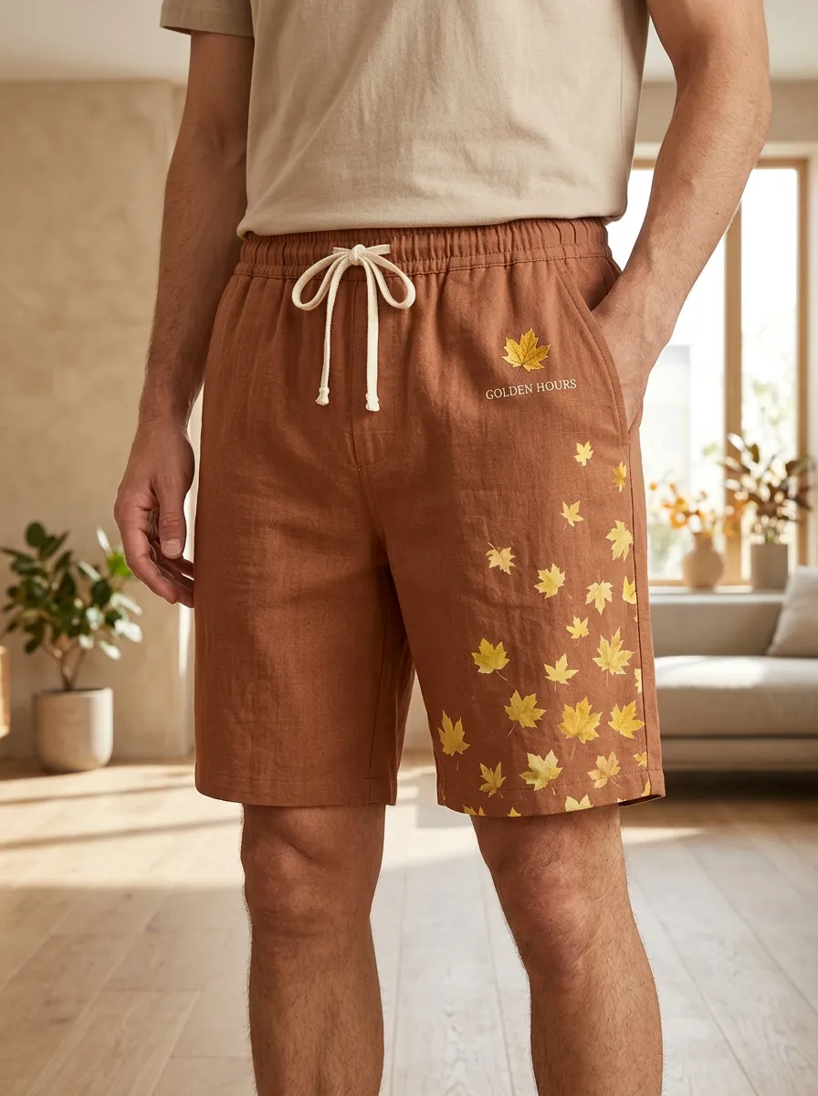 Rust Maple Leaf Print Drawstring Nature Shorts
