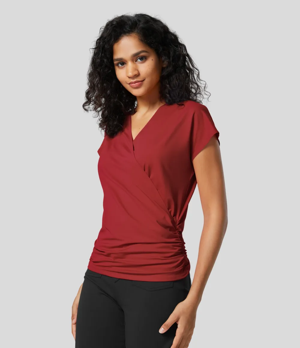 V Neck Cap Sleeve Crossover Ruched Solid Work Blouse