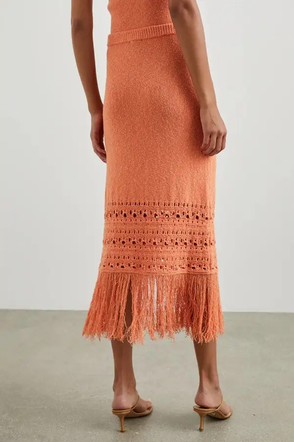 Terracotta Knit Fringe Hem Midi Skirt