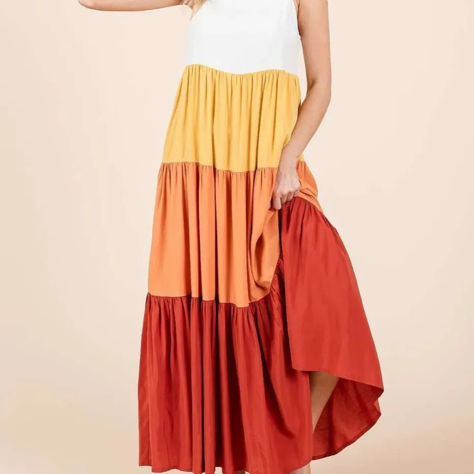 Color Block Tiered Pull-On Maxi Dress
