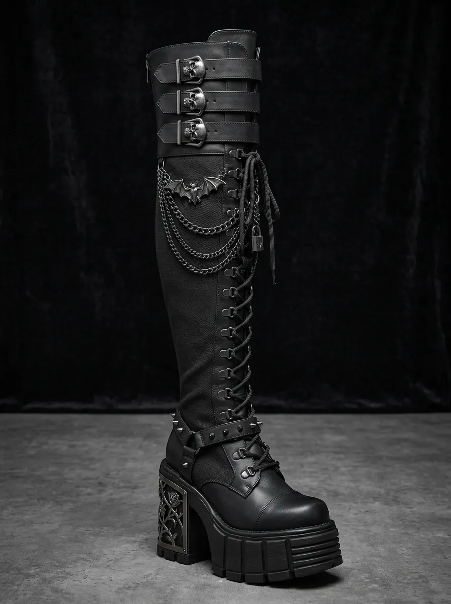 Gothic Revival Bat Rose Chain Statement Women's Gothic Platform Knee High Boots