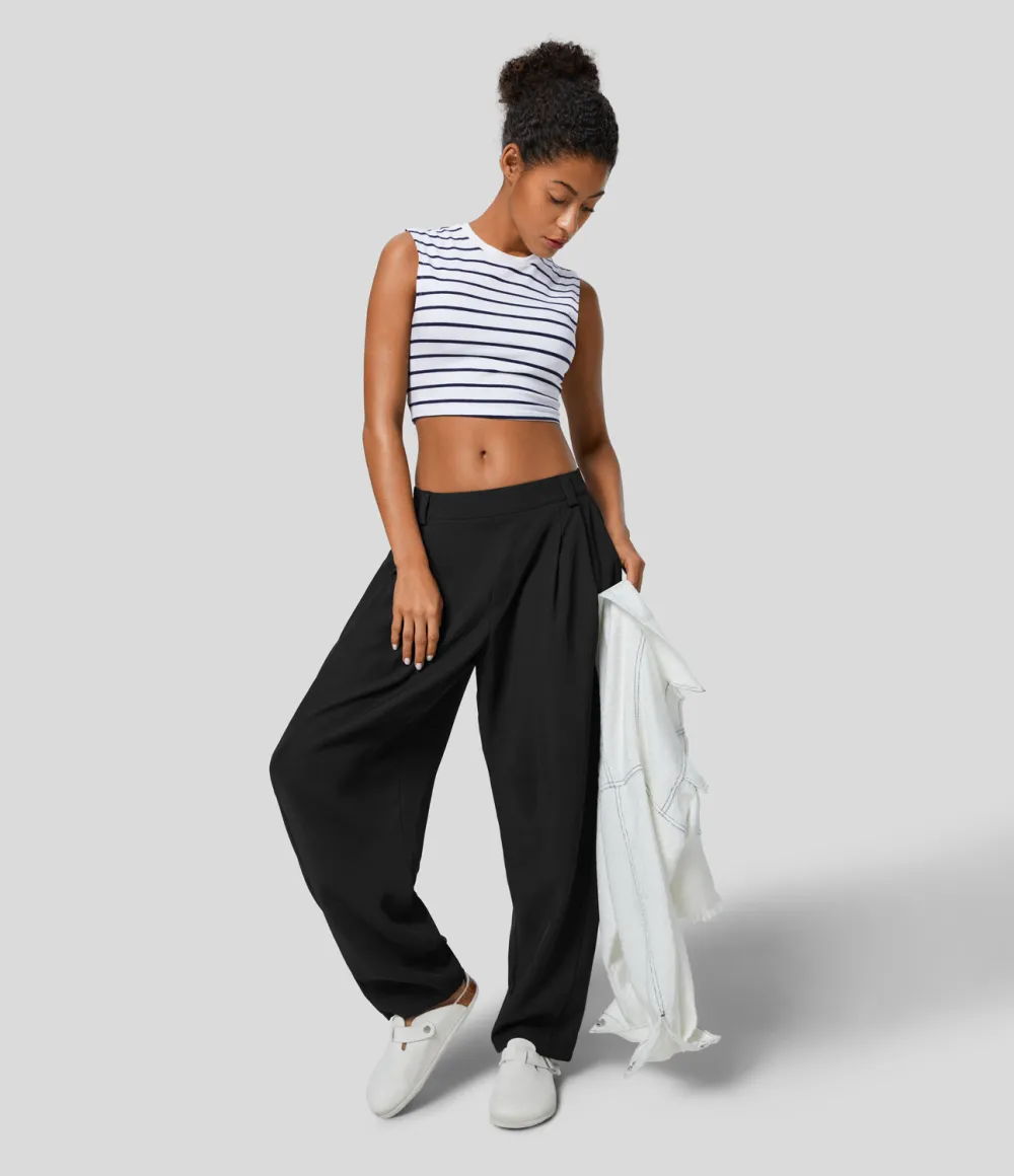 Mid Rise Plicated Side Pocket Barrel Leg Work Pants
