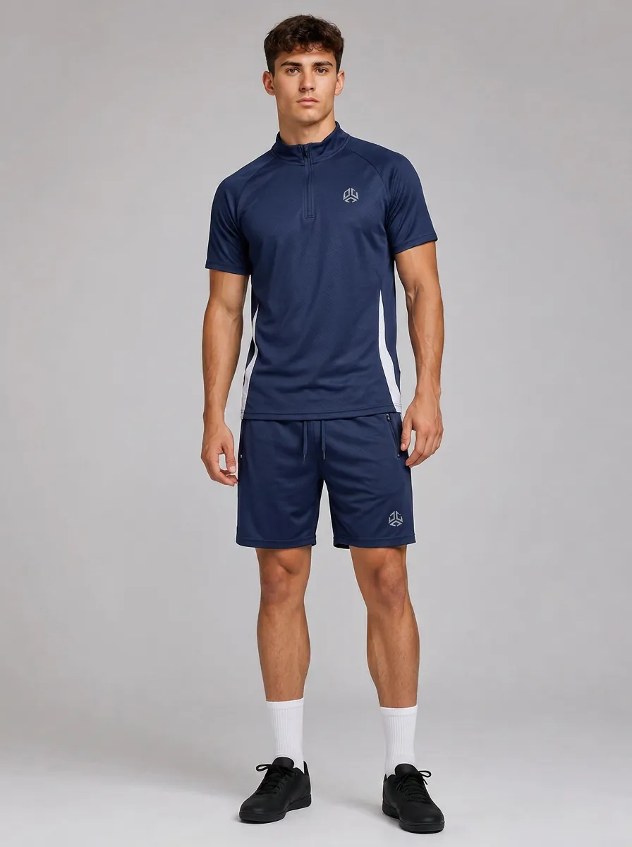 Men's Sporty Gym Fitness Logo Printed Quarter-Zip Shorts Set