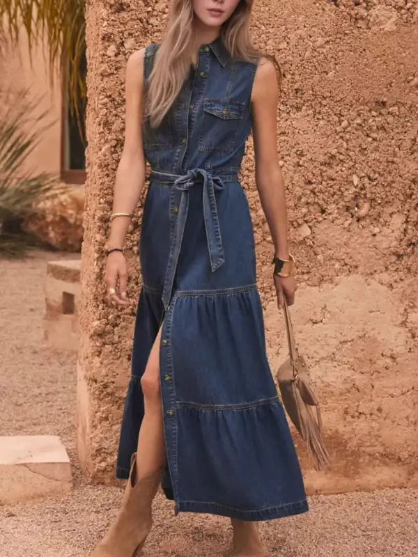 Layered Detail Denim Button Front Sleeveless Dress