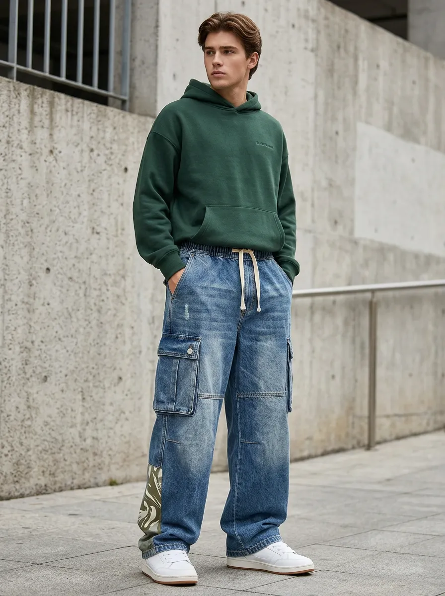 Men's Streetwear Distressed Camo Patchwork Cargo Denim Pants