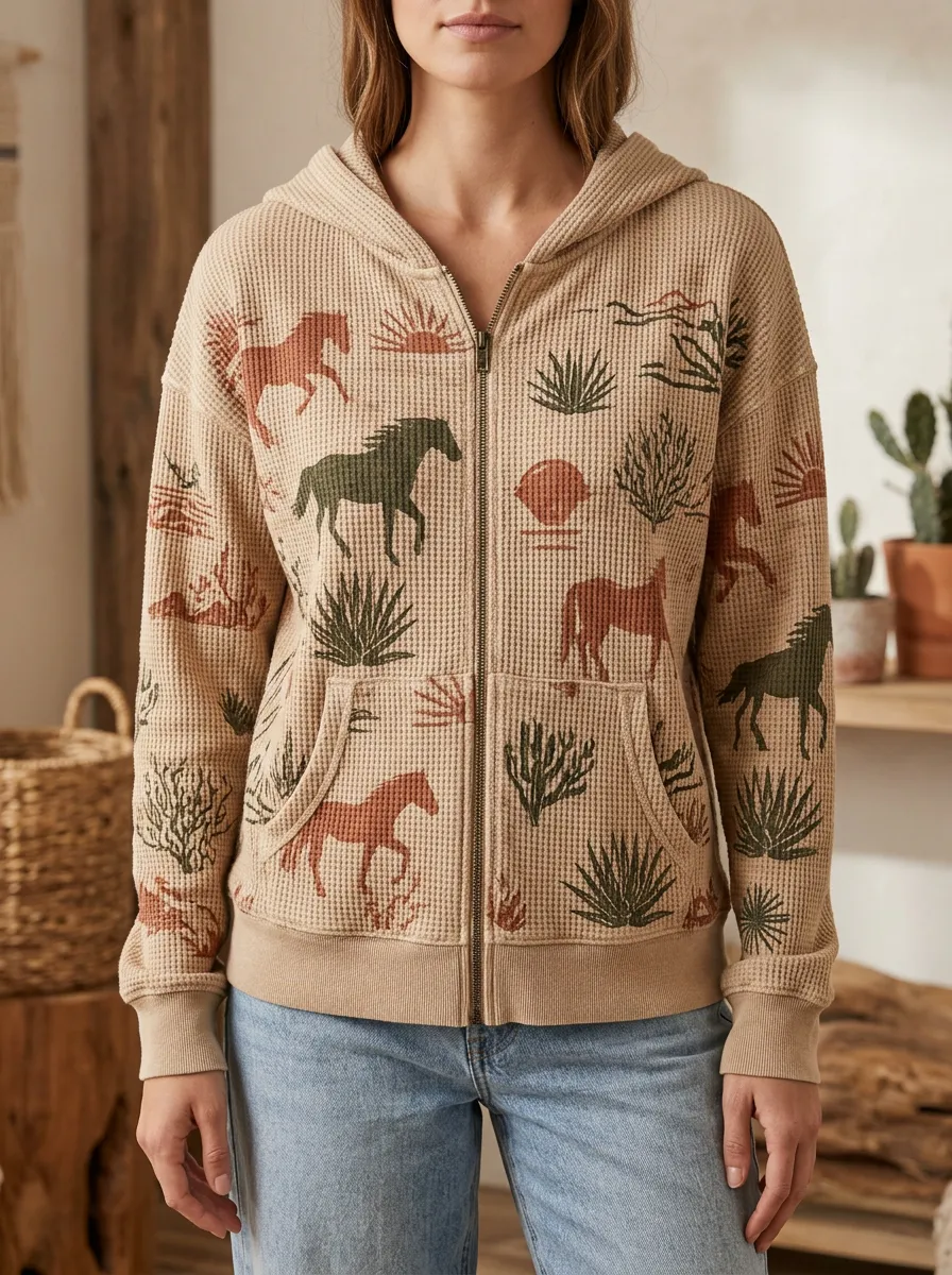 Women's Western Horse Desert Cactus Printed Waffle Zip Hoodie