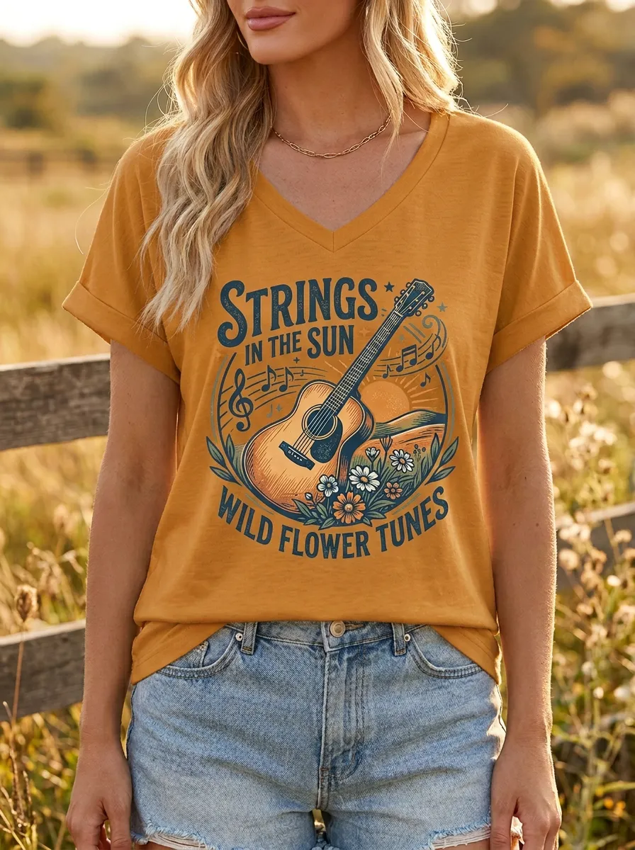 Floral Guitar Country-Music Women's V-Neck T-Shirt