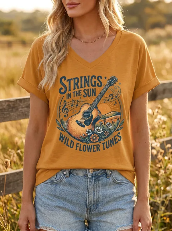 Floral Guitar Country-Music Women's V-Neck T-Shirt