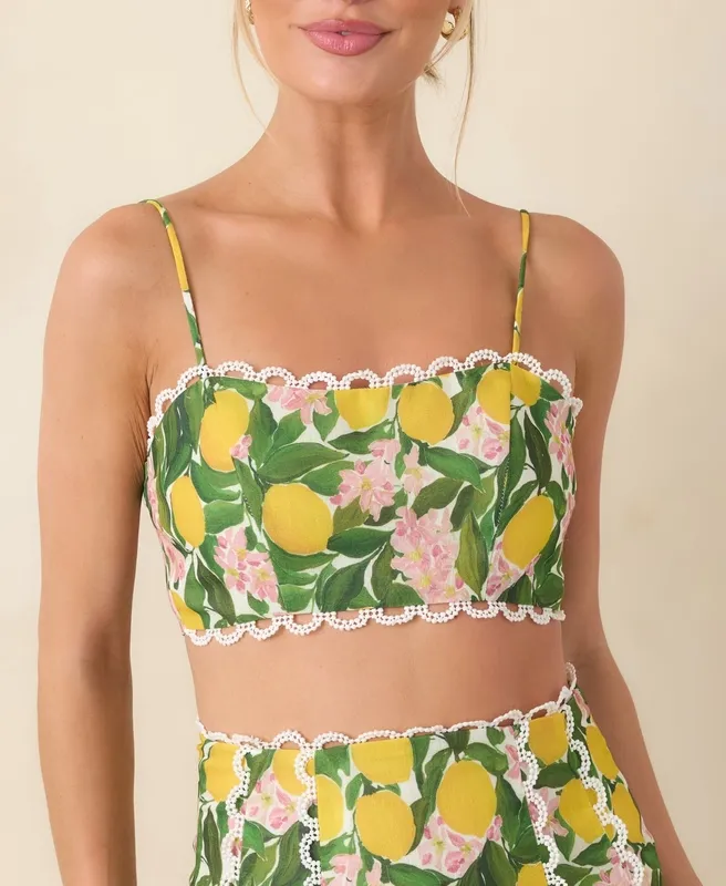 Yellow Lemon Print Crop Top