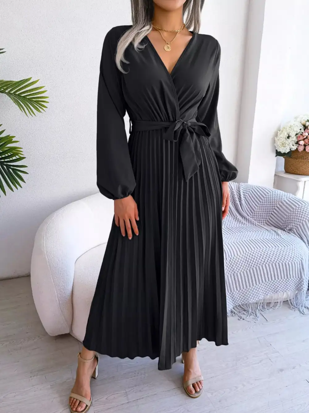 Pleated Long Sleeve Dress Casual