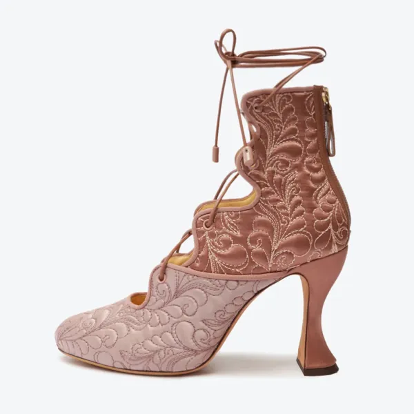 Embroidered Lace-Up Zip-Up Round-Toe Ankle Boots