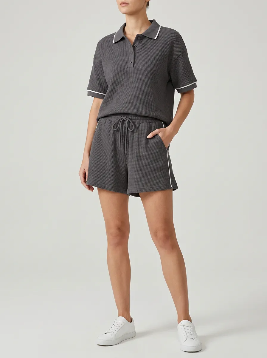 Unisex Charcoal Waffle Knit Contrast Trim Polo Shirt
