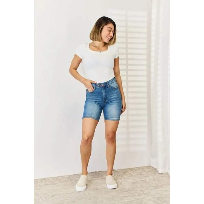 Plus Size Tummy-Control Double Button Bermuda Denim Shorts