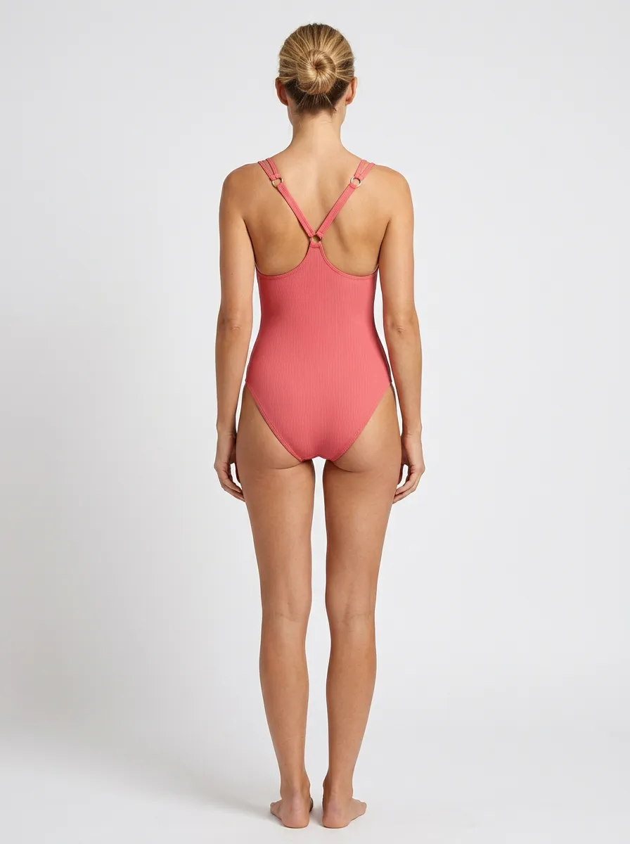 Women's Cutout Ribbed Coral-Motif One-Piece Swimsuit