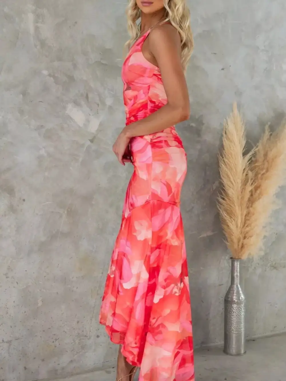 Casual Floral Print One Shoulder Ruched Maxi Dress