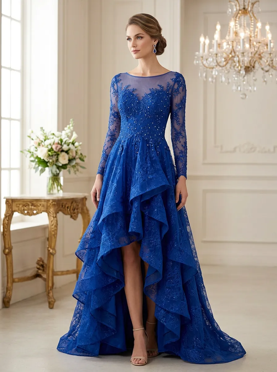 Women's Lace Beaded High-Low Ruffled Evening Gown