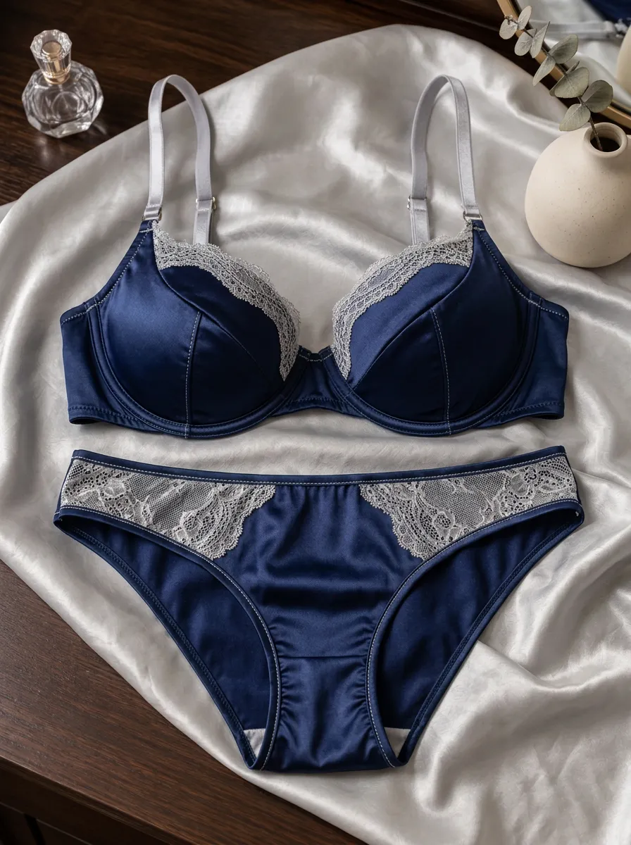 Women's Satin Lace Trimmed Satin Classic Coverage Lingerie Set