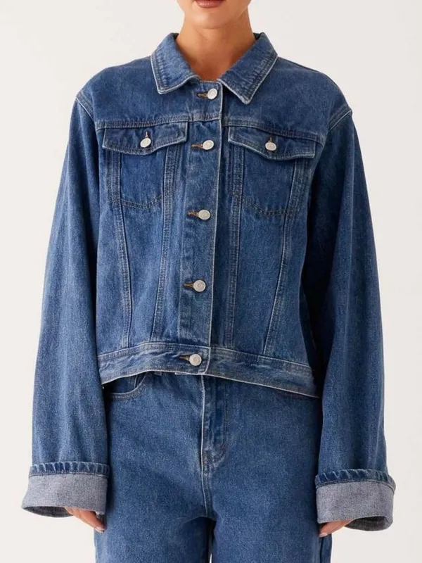 Button-Down Cropped Oversized Denim Jacket