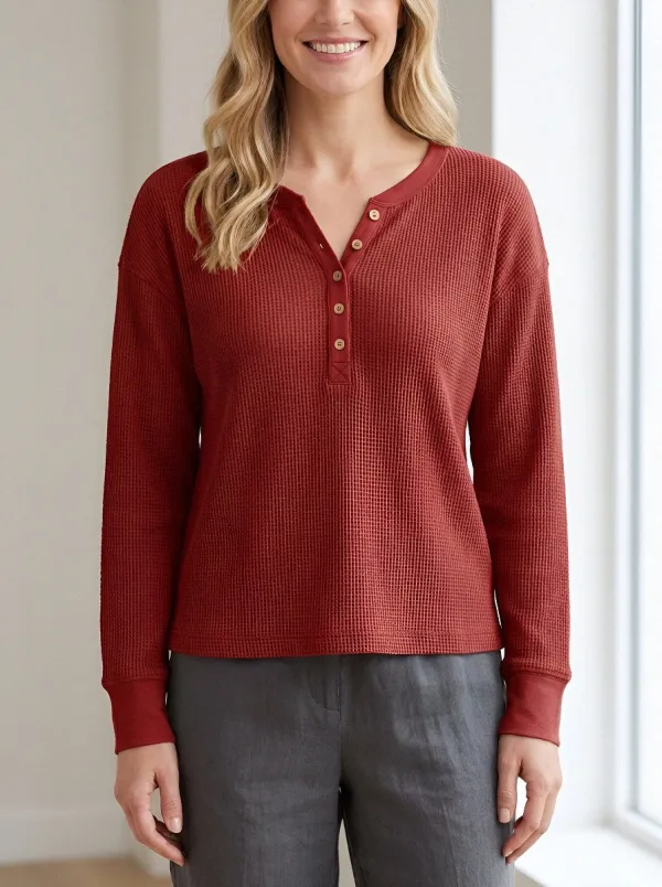 Women's Waffle-Knit Ribbed Button-Placket Long-Sleeve Henley Shirt