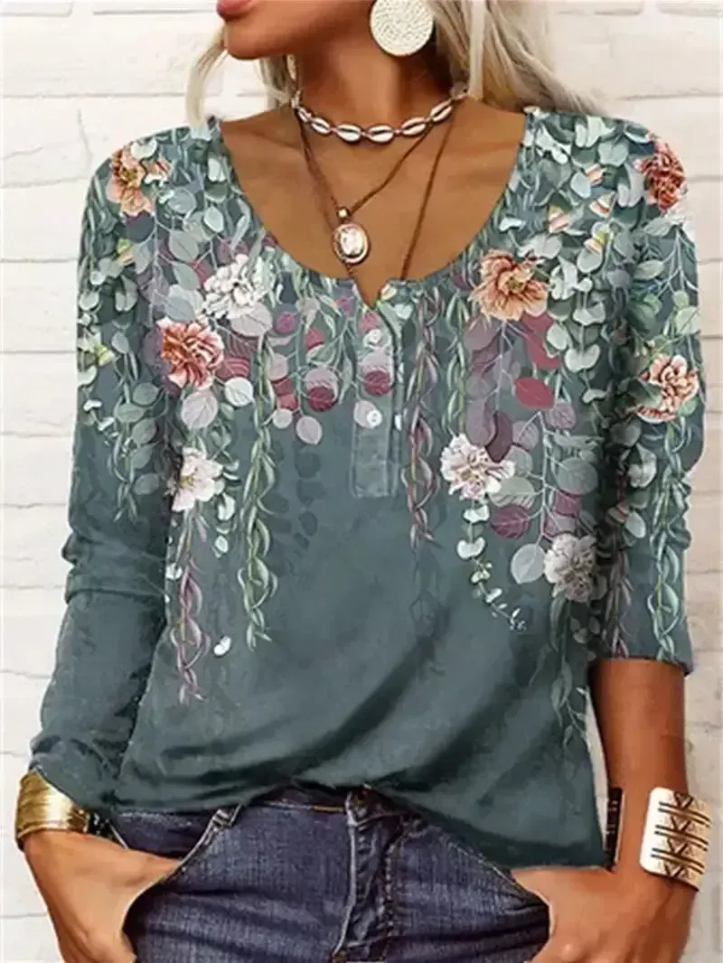 Women Long Sleeve Shirt Collar Printed Graphic Women Tops