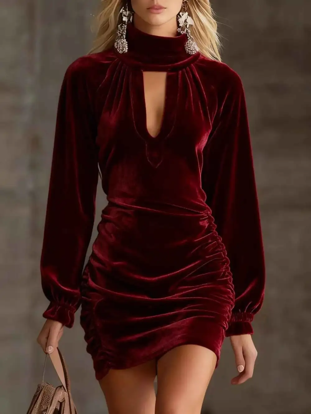 Plus Size Velvet Ruched Flounce Sleeve Mini Dress