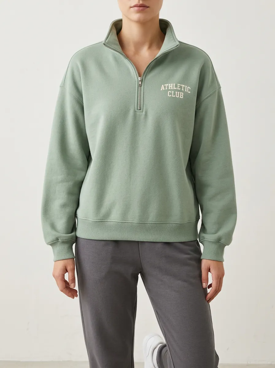Women's Athletic Club Sage Green Quarter Zip Printed Sweatshirt