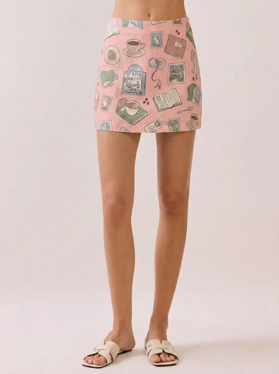 Women's Book Coffee Lover Stamp Pattern Printed Mini Skirt