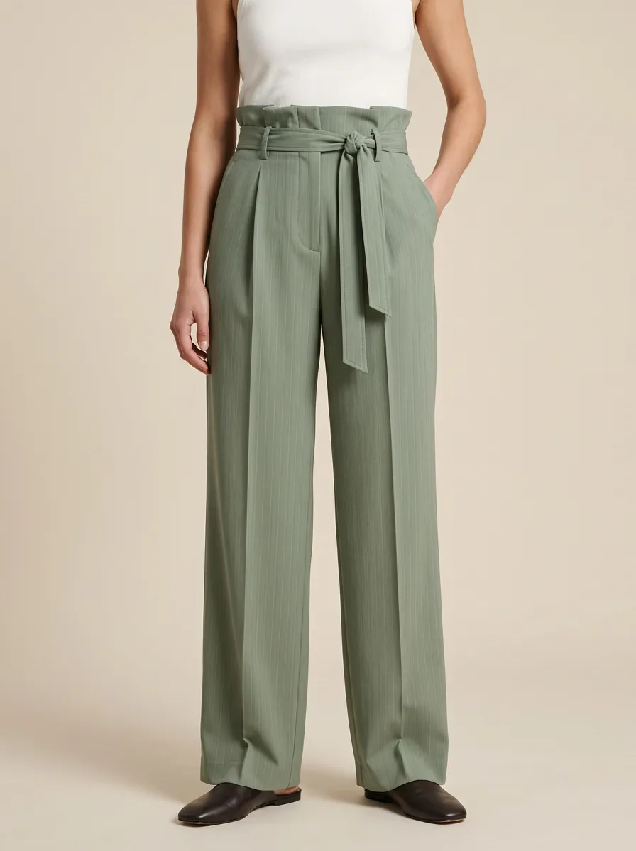 Paperbag Waist Pinstripe Wide Leg Trousers