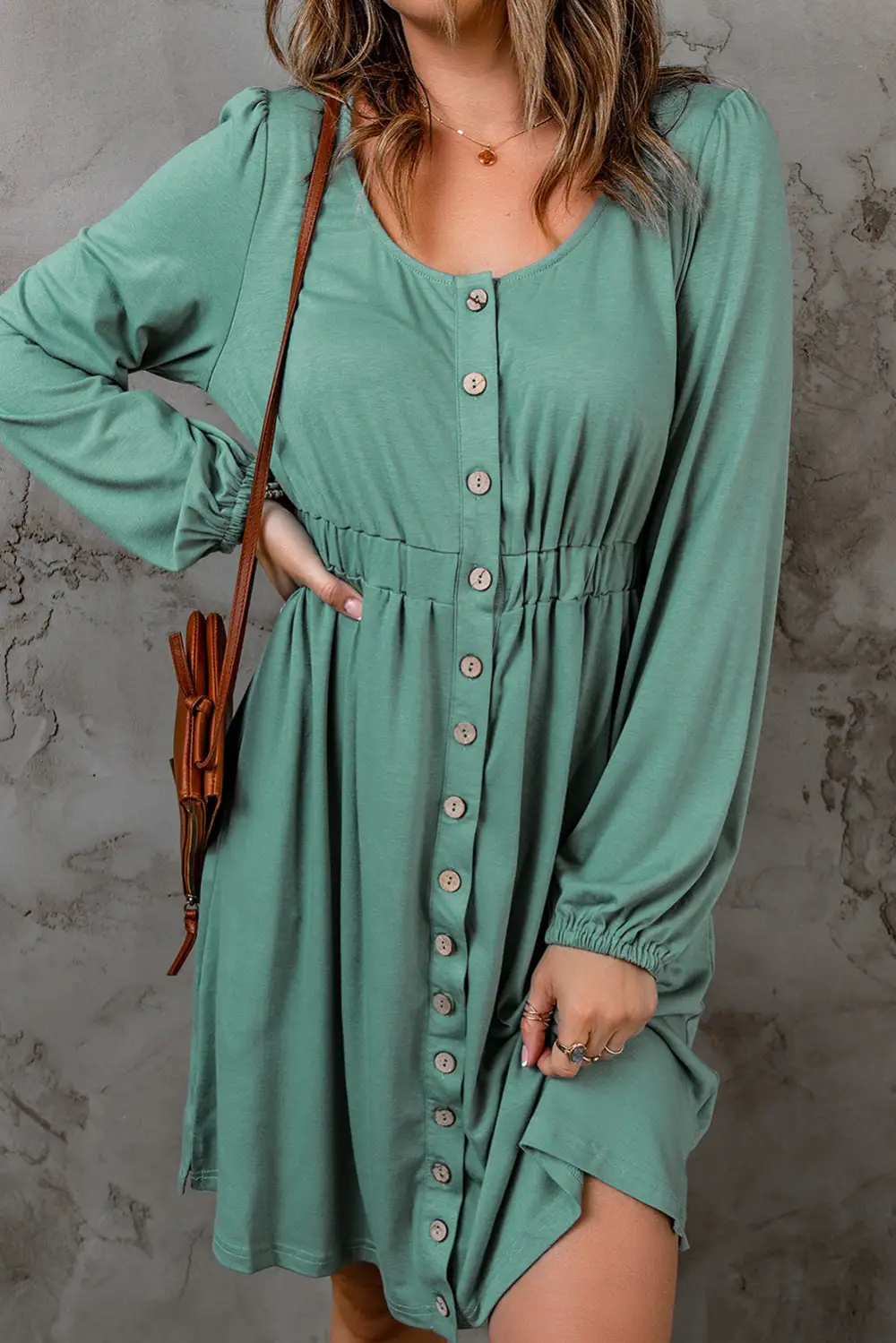 Long Sleeve Button Front Midi Dress