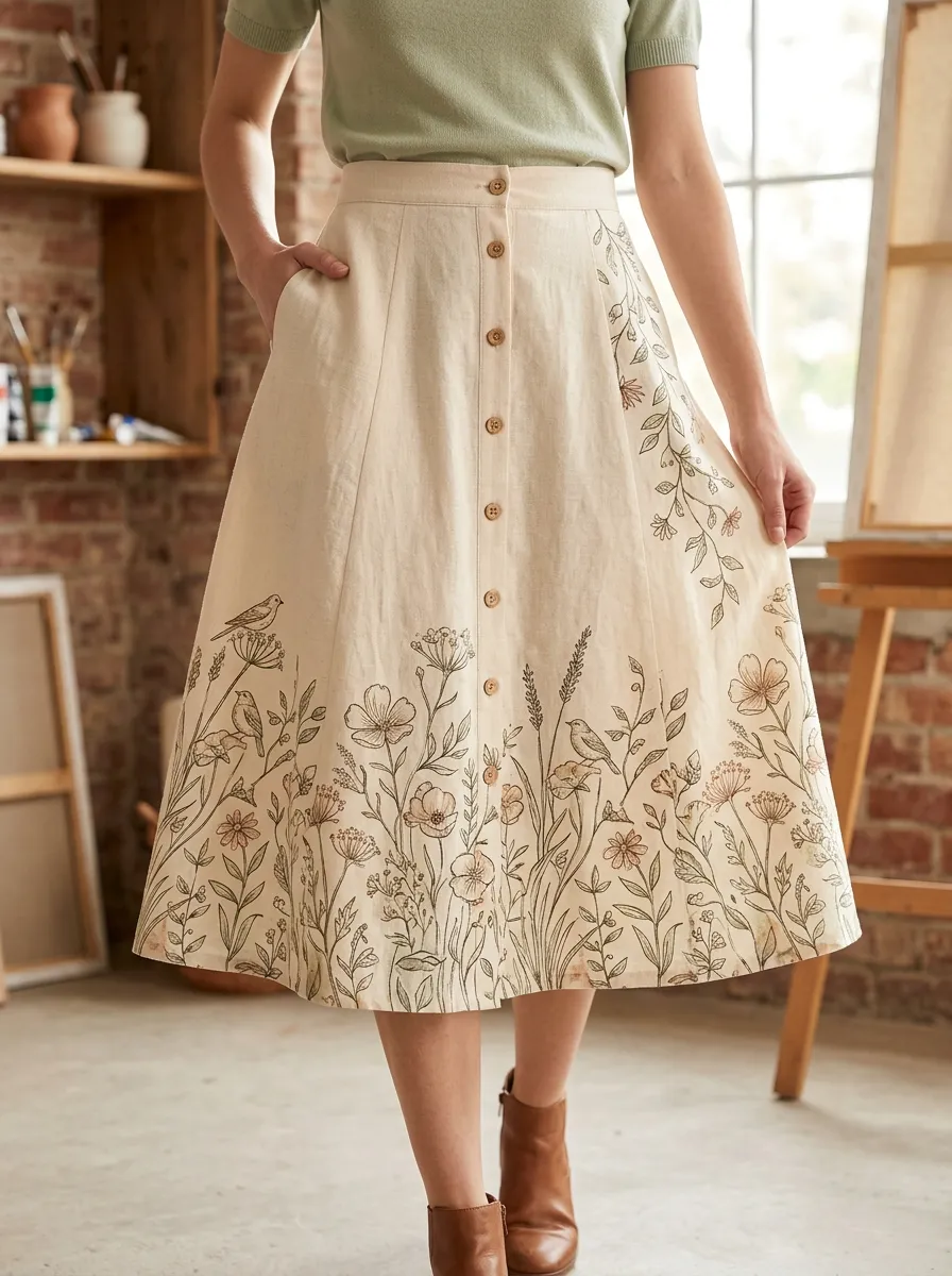 Women's Botanical Bird Nature Lover Printed A-line Skirt