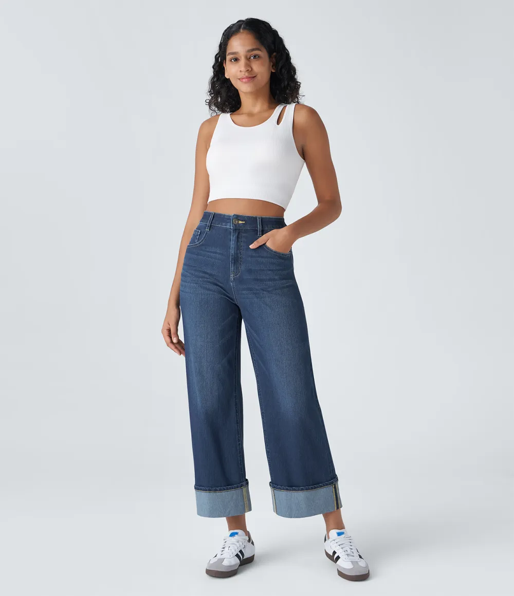Magic High Waisted Multiple Pockets Rolled Hem Wide Leg Washed Stretchy Knit Casual Jeans
