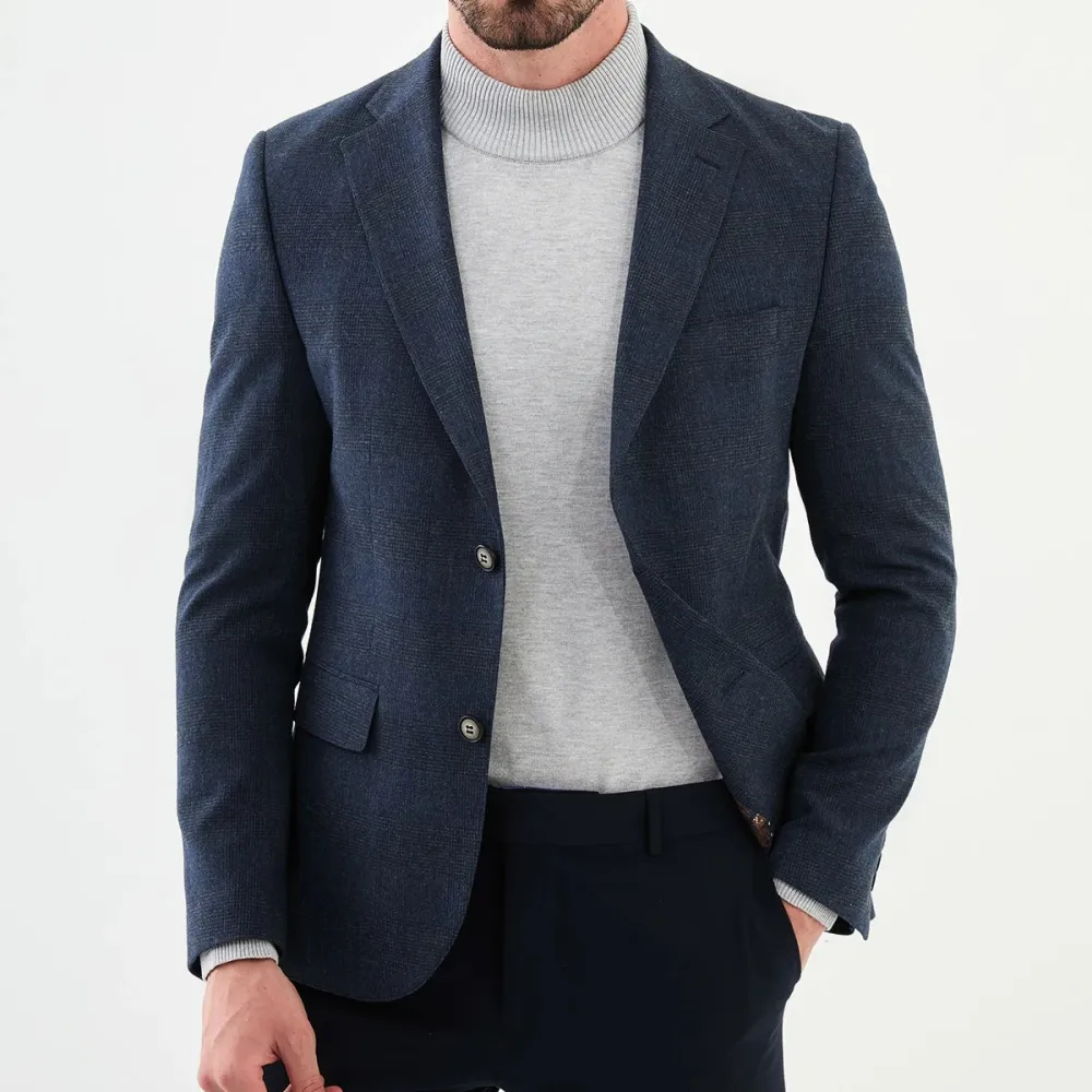 Plaid Slim Fit Mono Collar Classic Wool Blazer