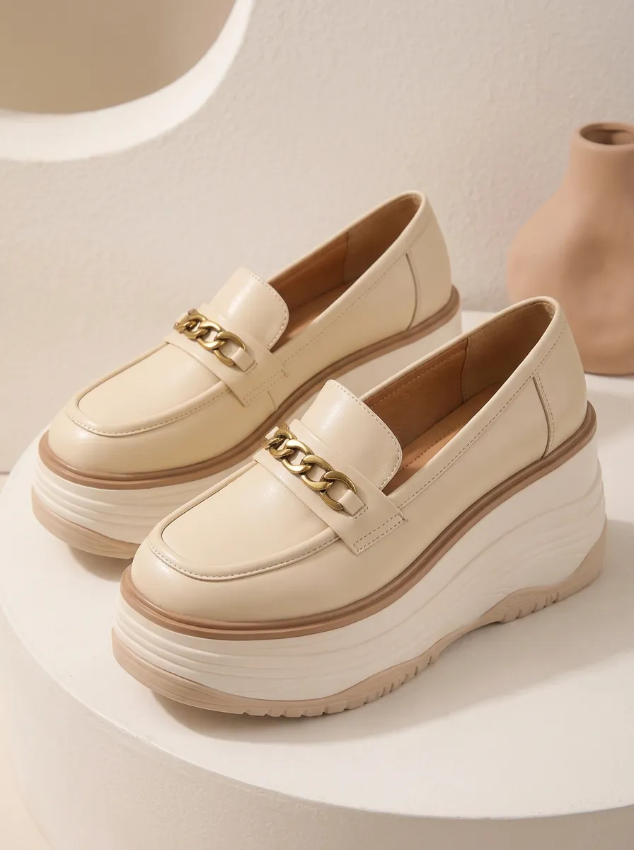 Unisex Chain-Detail Slip-On Metallic-Look Platform Loafers