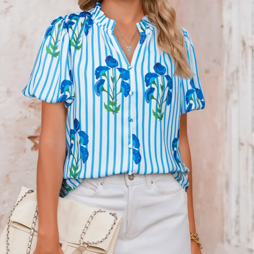 Striped Floral Notched Neck Blouse