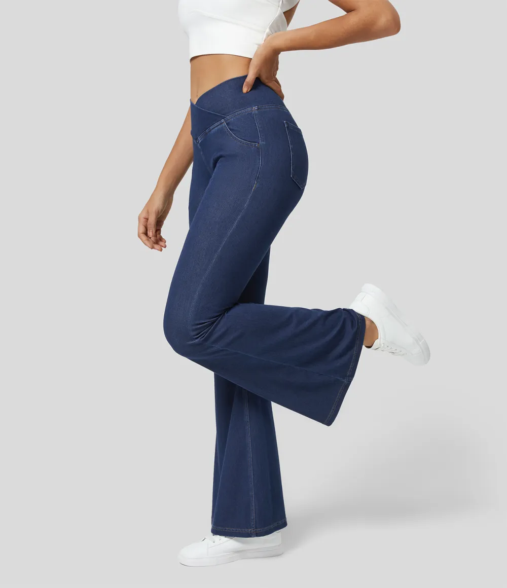 Magic High Waisted Crossover Pocket Cool Touch Washed Stretchy Knit Casual Super Flare Jeans