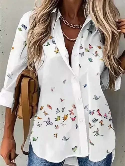 Women Long Sleeve Stand-up Collar Printed Graphic Top