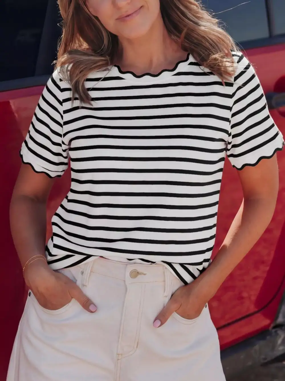 Striped Scallop Trimmed Round Neck T Shirt