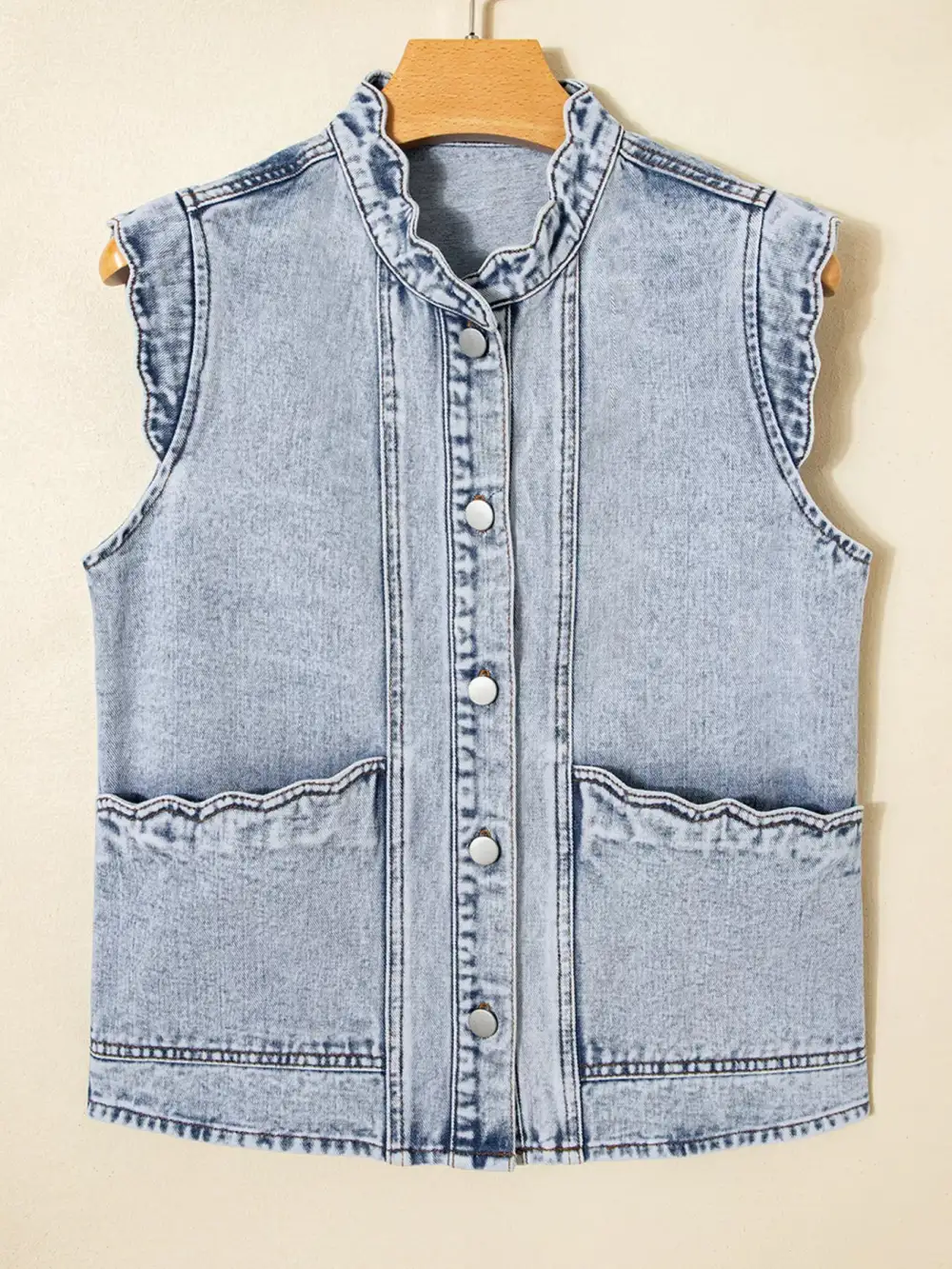 Scalloped Trim Patch Pocket Button Front Vest