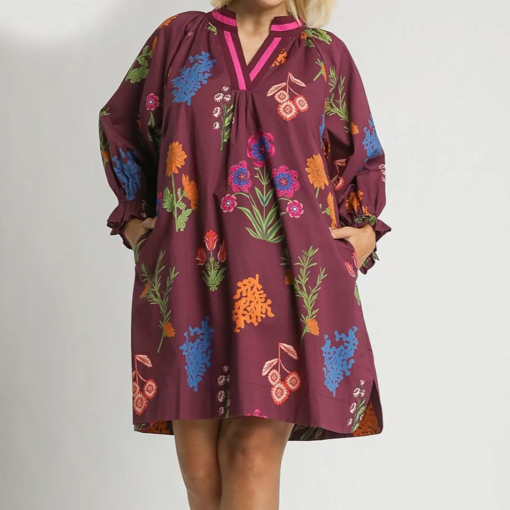 Floral Striped Ruffle Detail Balloon Sleeve Dress